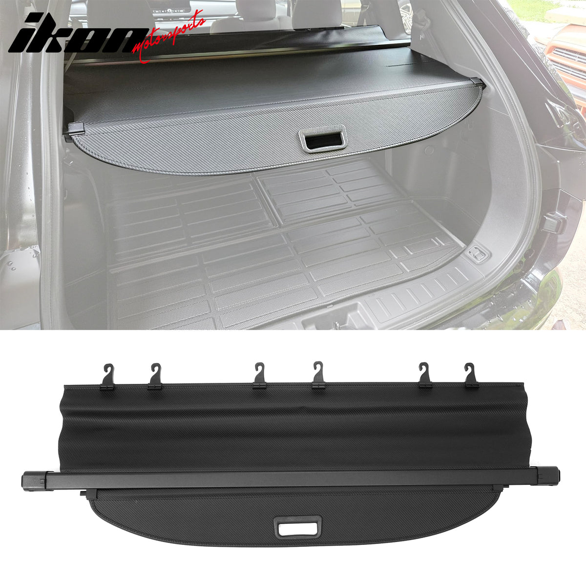 IKON MOTORSPORTS, Rear Retractable Cargo Cover + 3D TPE Trunk Mat, Compatible with 2022-2026 Mitsubishi Outlander & 2023-2026 Outlander PHEV, Trunk Security Luggage Shield Shade, Carbon Fiber Texture
