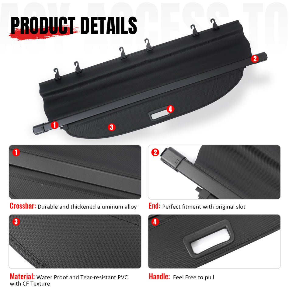 IKON MOTORSPORTS, Rear Retractable Cargo Cover, Compatible with 2022-2026 Mitsubishi Outlander & 2023-2026 Outlander PHEV, ABS Aluminum Vinyl Trunk Security Luggage Shield Shade, Carbon Fiber Texture