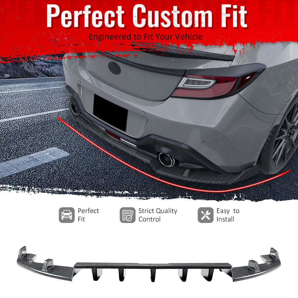 IKON MOTORSPORTS Rear Diffuser, Compatible with 2022-2026 Subaru BRZ & Toyota GR86,  IKV1 Style Carbon Fiber Print PP Shark Fin Rear Bumper Valance Spoiler, Air Dam Chin Splitter Molding 3PCS