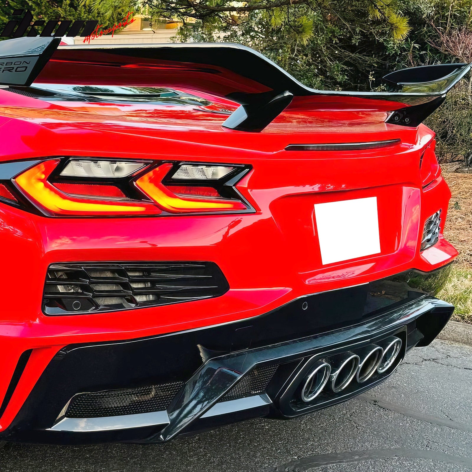 IKON MOTORSPORTS Rear Mesh Grilles + Exhaust Bezel, Compatible with 2023-2025 Chevy Corvette C8 Z06 & ZR1, OE Style Painted Black Iron Replacement Rear Bumper Grilles W/ Tail Diffuser Exhaust Bezel