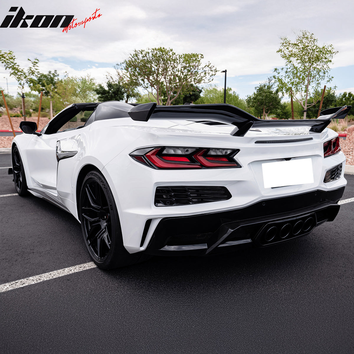 IKON MOTORSPORTS, Trunk Spoiler W/ Mount Brackets Compatible with 2023-2025 Chevrolet Corvette C8 E-Ray / Z06 / ZR1, Z07 Style Pearl Black Aluminum Rear Trunk Lid Spoiler Wing Lip