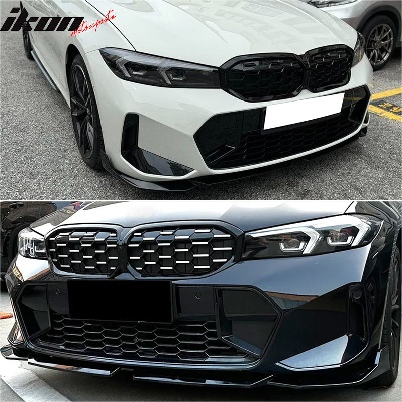 IKON MOTORSPORTS Front Bumper Lip, Compatible with 2023-2026 BMW G20 3-Series LCI 330i/330e M Sport & M340i, MP Style Gloss Black Air Dam Chin Spoiler Protector Splitter 2PCS
