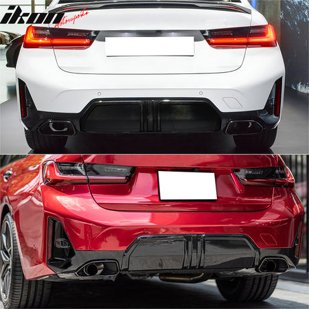 IKON MOTORSPORTS Rear Diffuser, Compatible with 2023-2026 BMW G20 3-Series Sedan LCI M340i Only,  M-Performance Style Gloss Black Shark Fin Bumper Valance Spoiler, Air Dam Chin Splitter Molding 3PCS