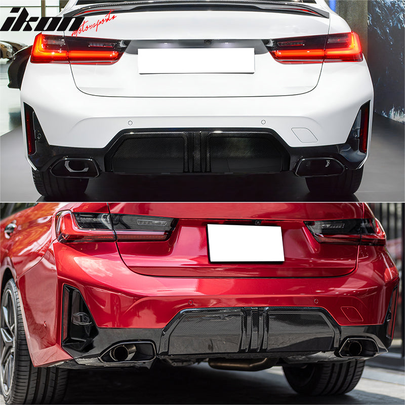 IKON MOTORSPORTS Rear Diffuser, Compatible with 2023-2026 BMW G20 3-Series Sedan LCI M340i Only,  M-Performance Style Gloss Black Shark Fin Bumper Valance Spoiler, Air Dam Chin Splitter Molding 3PCS