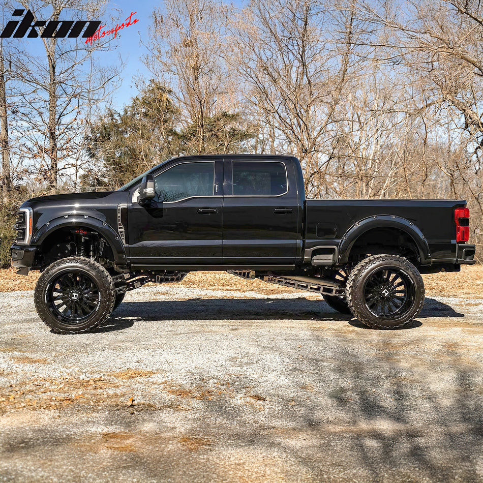 IKON MOTORSPORTS Fender Flares Compatible with 2023-2025 Ford F-250 F-350 Super Duty, Pocket Style PP Smooth Black Wheel Flare Cover Protector Set, 4 Pcs, Front & Rear