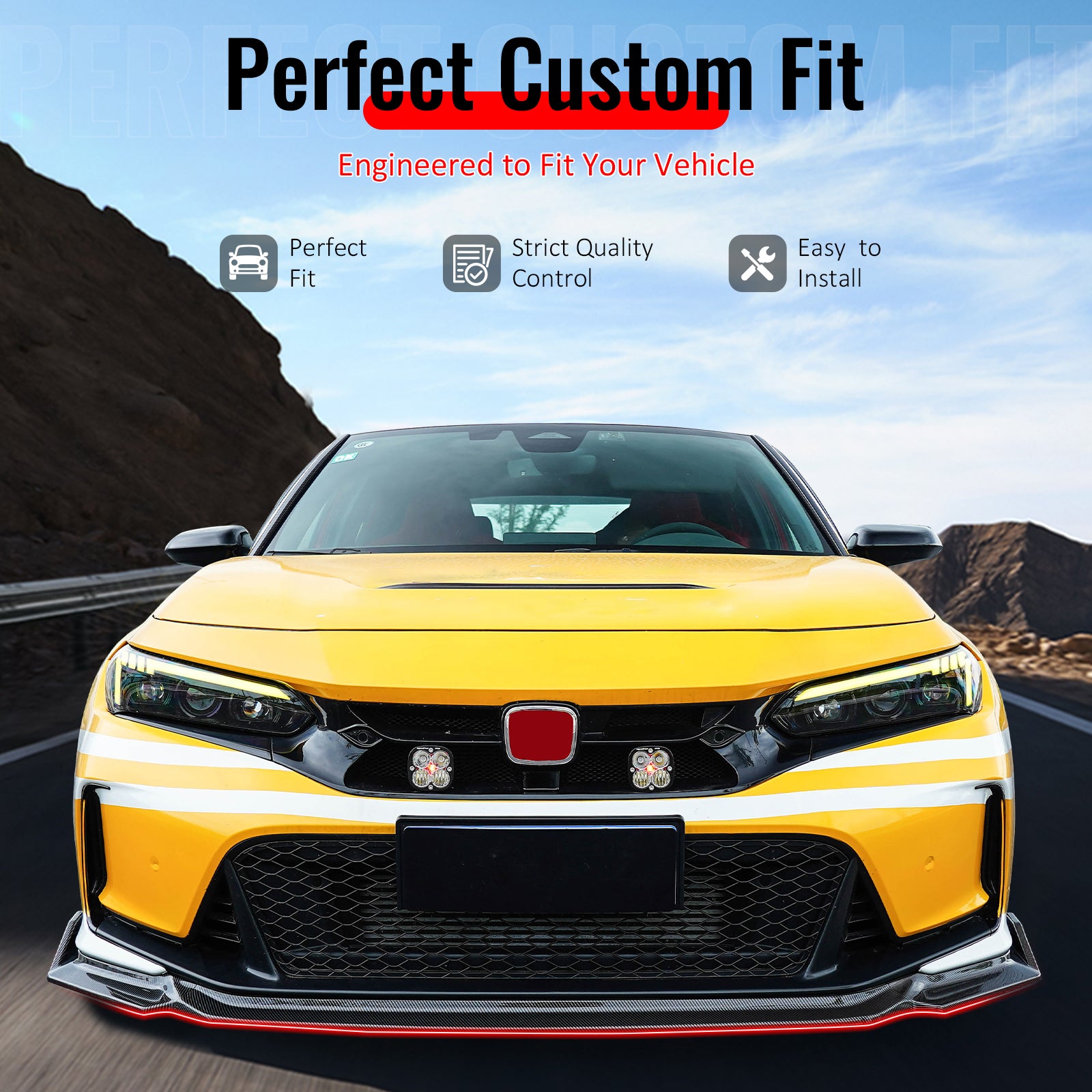 IKON MOTORSPORTS Front Bumper Lip, Compatible with 2023-2025 Honda Civic FL5 Type R Hatchback AK Style Carbon Fiber Print ABS Plastic Add-on Air Dam Chin Spoiler Protector Splitter 3PCS