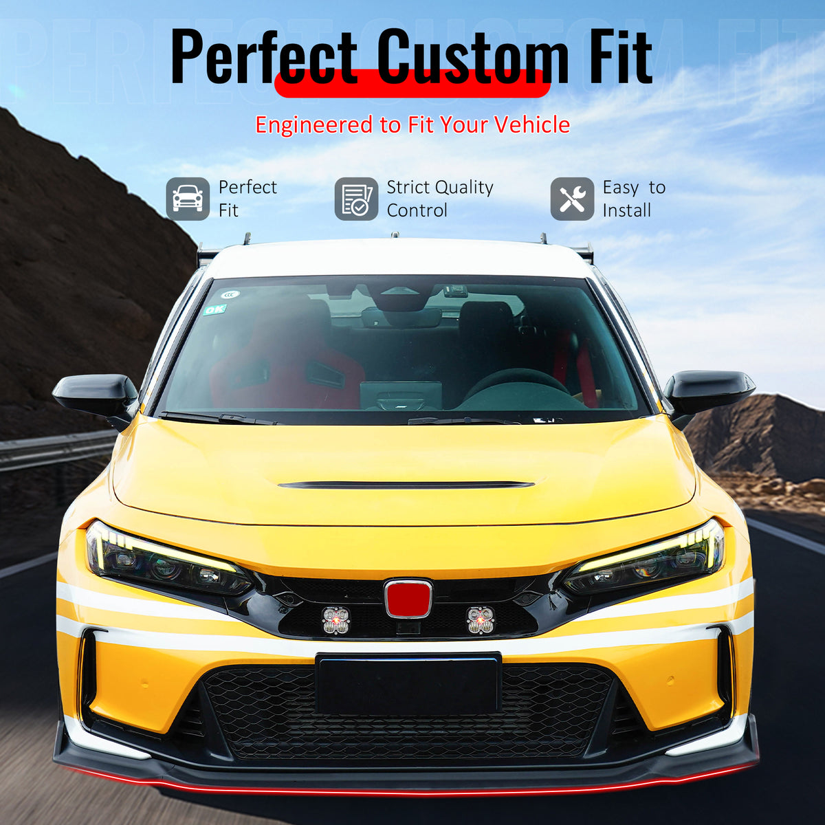IKON MOTORSPORTS Front Bumper Lip, Compatible with 2023-2025 Honda Civic FL5 Type R Hatchback AK Style Matte Black ABS Plastic Add-on Air Dam Chin Spoiler Protector Splitter 3PCS