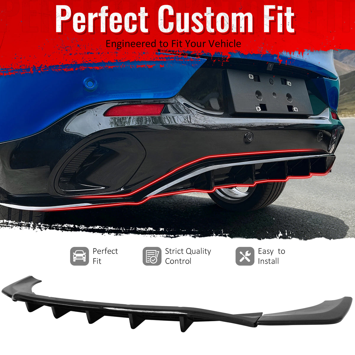 IKON MOTORSPORTS Rear Diffuser, Compatible with 2023-2026 Alfa Romeo Tonale, IKON Style Gloss Black ABS Shark Fin Rear Bumper Valance Spoiler, Air Dam Chin Splitter Molding 3PCS