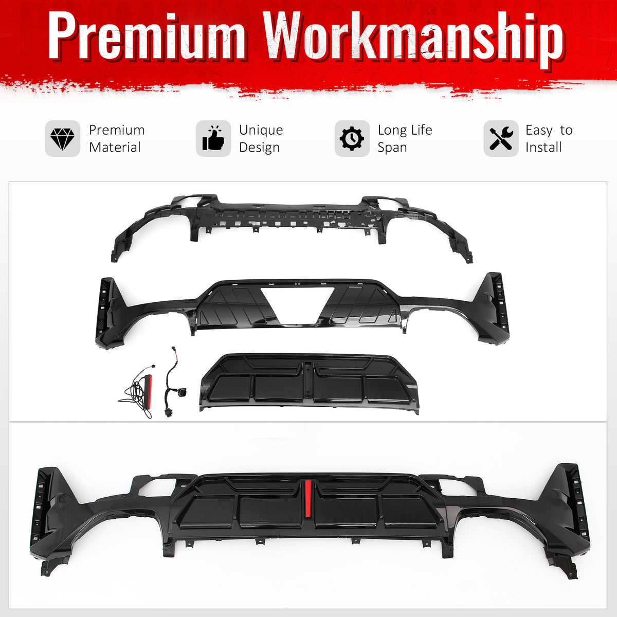 Fits 23-26 BMW G20 3-Series IKON Rear Bumper Diffuser W/LED Light PP Gloss Black