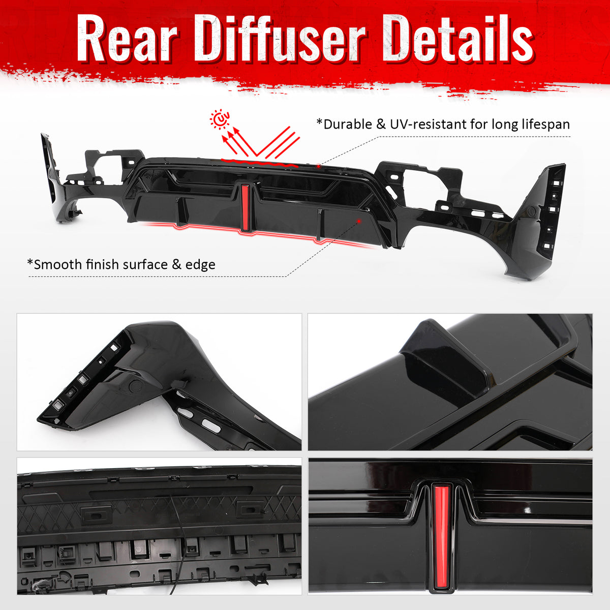 Fits 23-26 BMW G20 3-Series IKON Rear Bumper Diffuser W/LED Light PP Gloss Black