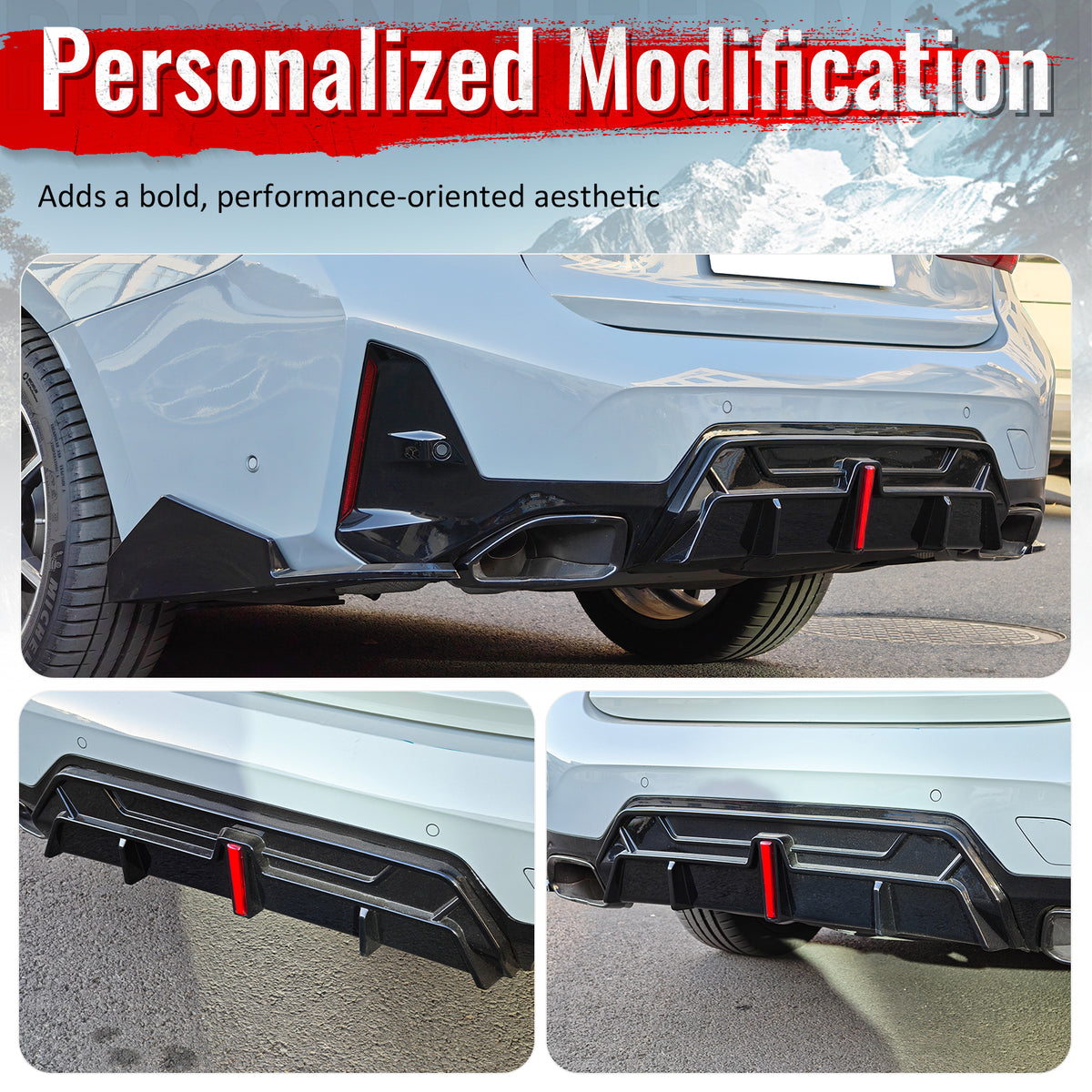 Fits 23-26 BMW G20 3-Series IKON Rear Bumper Diffuser W/LED Light PP Gloss Black