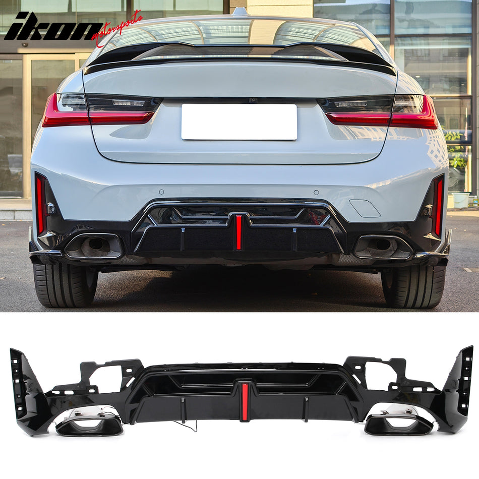 2023-2026 BMW G20 LCI 3-Series 320/330 with M Sport Bumper & M340i/M340i xDrive IKON Style Gloss Black Rear Bumper Lip Diffuser W/LED & Exhaust Tips