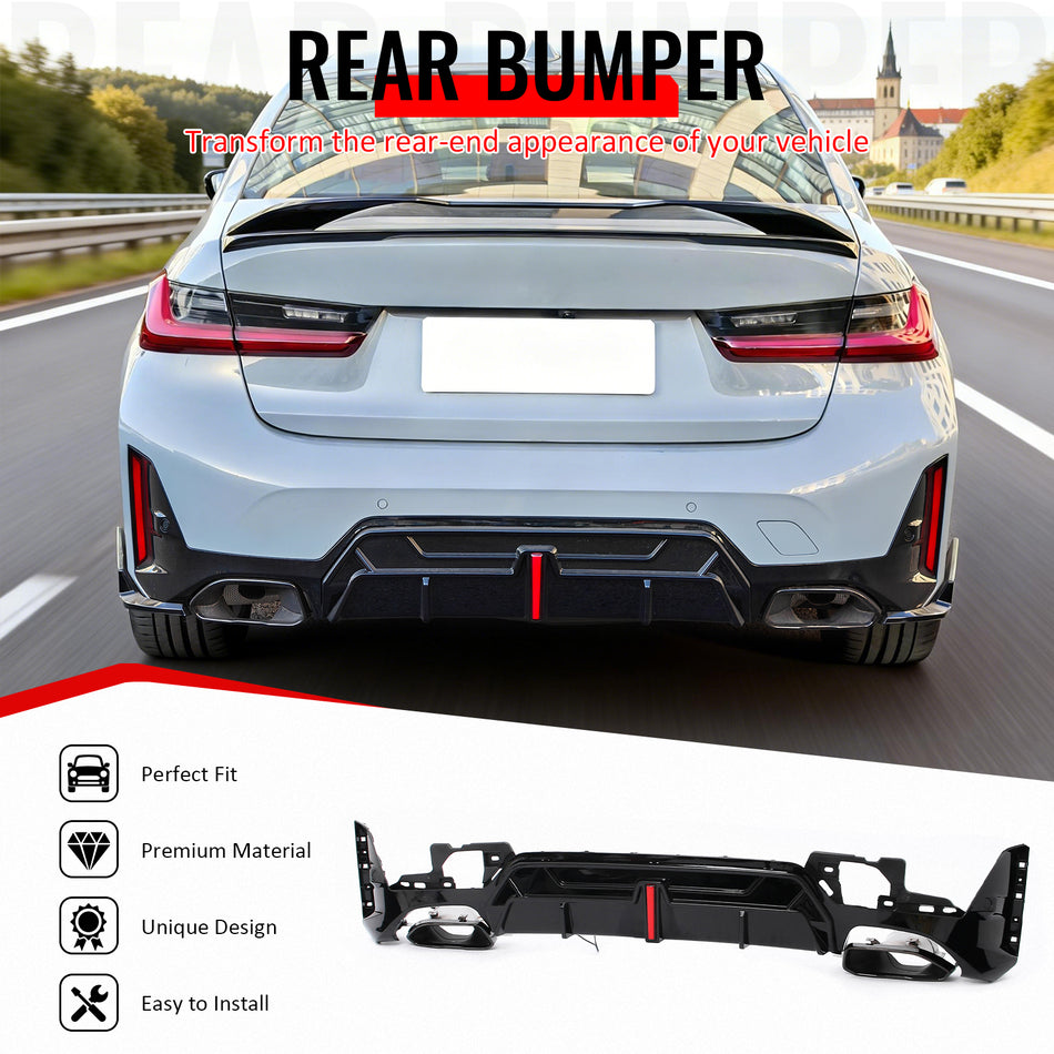 Fits 23-26 BMW G20 3-Series IKON Rear Diffuser W/LED & Exhaust Tips Gloss Black