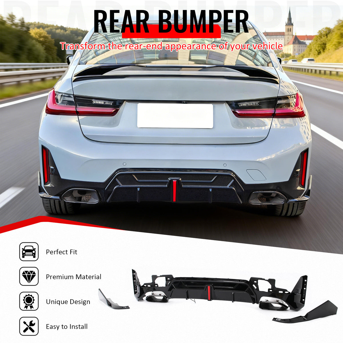 Fits 23-26 BMW G20 3-Series Rear Diffuser W/LED + Apron +Exhaust Tip Gloss Black