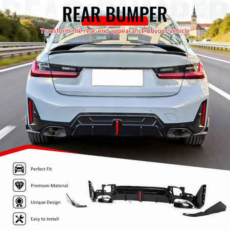 Fits 23-26 BMW G20 3-Series Rear Diffuser W/LED + Apron +Exhaust Tip Gloss Black