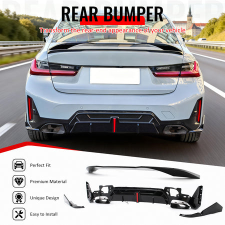 Fits 23-26 BMW G20 Rear Diffuser W/LED + Apron + Tip + Trunk Spoiler Gloss Black