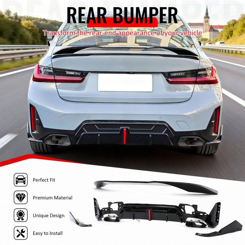 Fits 23-26 BMW G20 Rear Diffuser W/LED + Apron + Tip + Trunk Spoiler Gloss Black