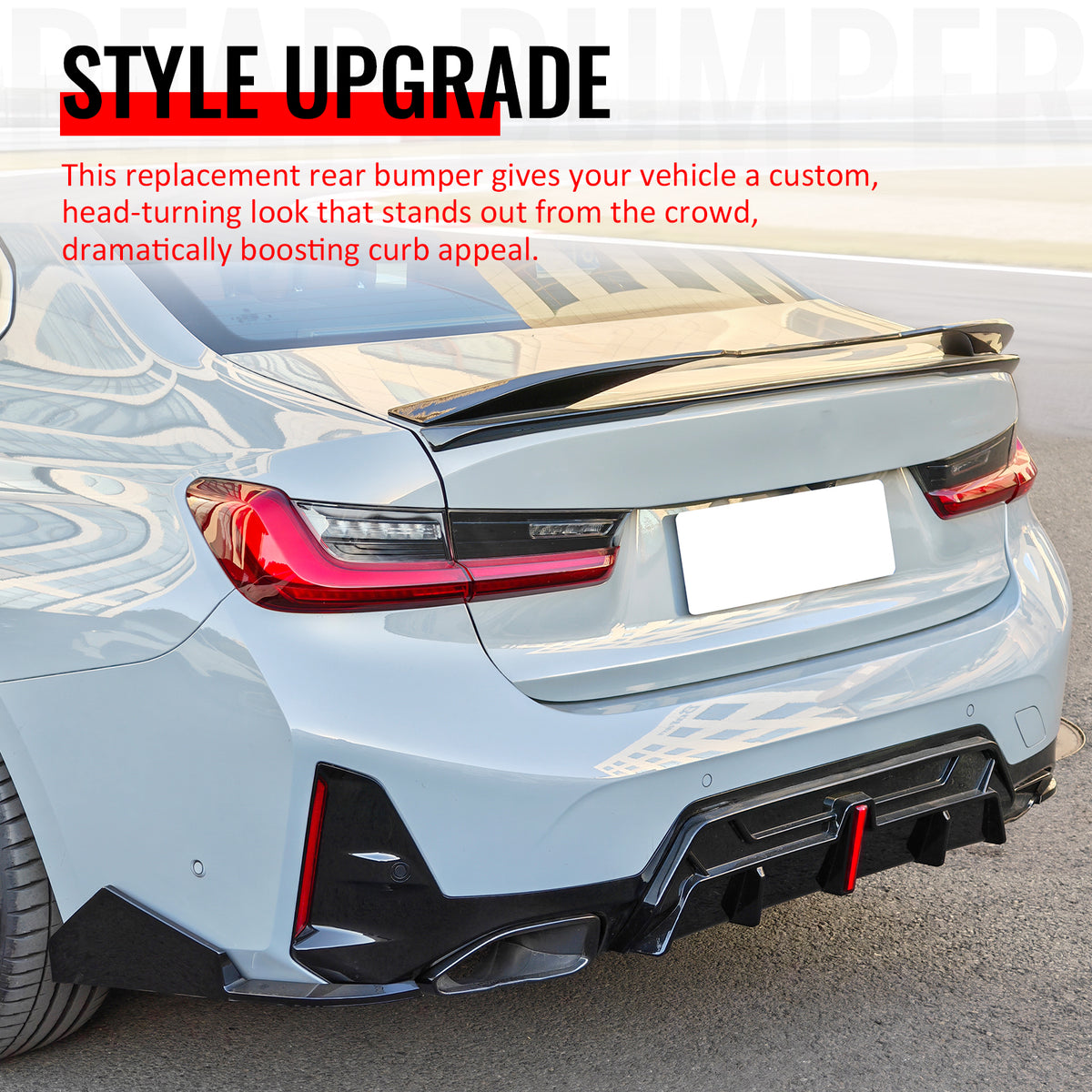 Fits 23-26 BMW G20 Rear Diffuser W/LED + Apron + Tip + Trunk Spoiler Gloss Black
