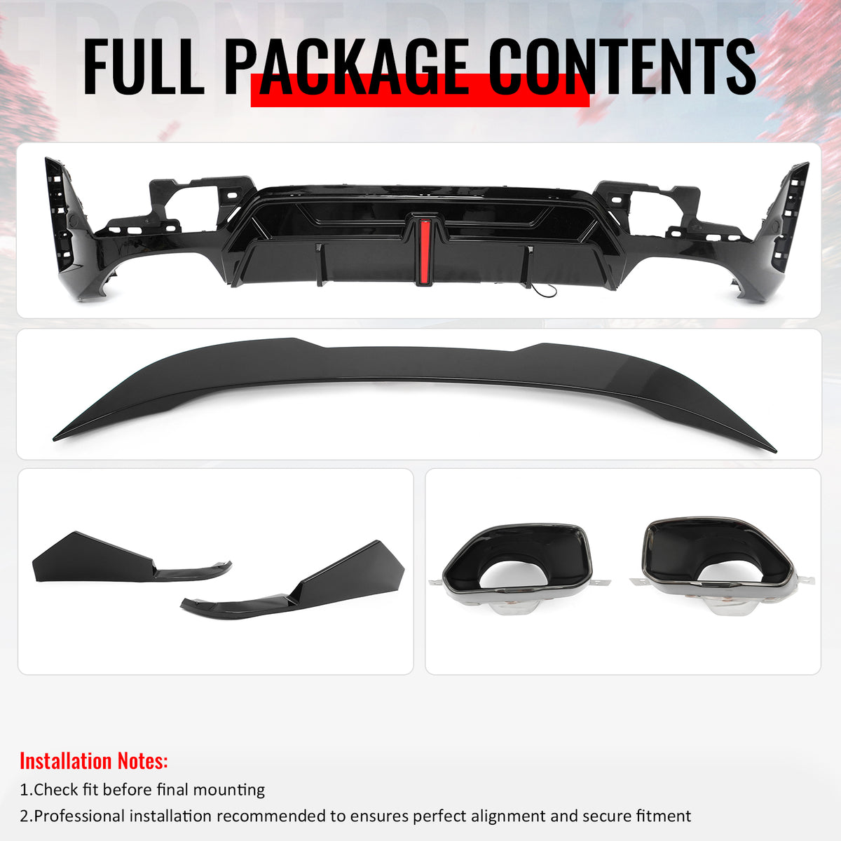Fits 23-26 BMW G20 Rear Diffuser W/LED + Apron + Tip + Trunk Spoiler Gloss Black