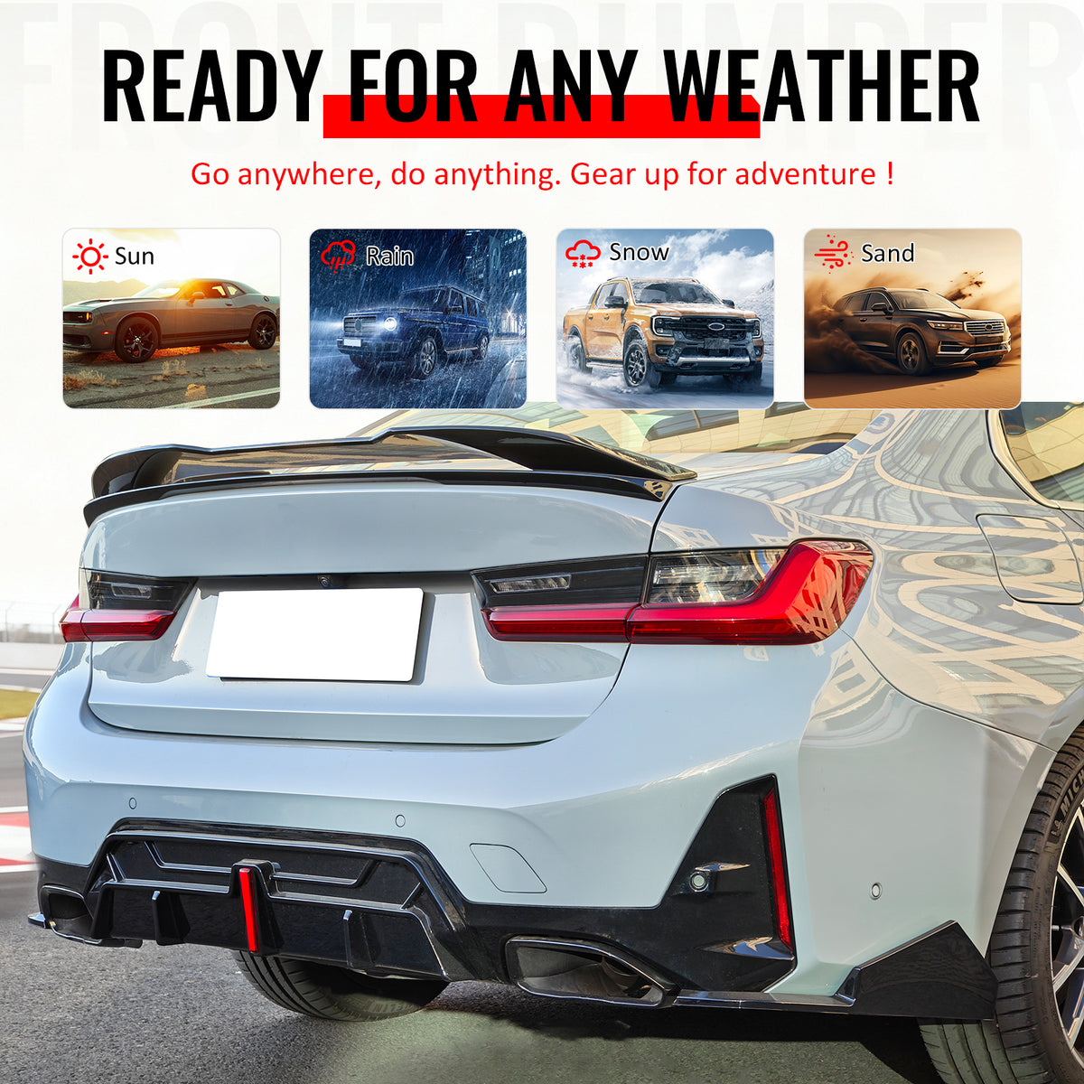 Fits 23-26 BMW G20 Rear Diffuser W/LED + Apron + Tip + Trunk Spoiler Gloss Black