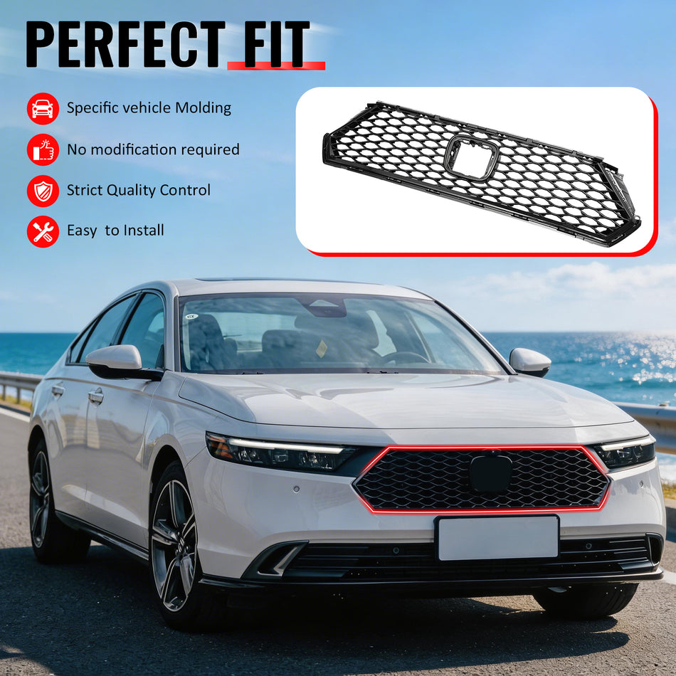 IKON MOTORSPORTS Front Upper Grille, Compatible with 2023-2026 Honda Accord 11th Gen, TR Style Gloss Black ABS Plastic Replacement Front Bumper Hood Grill