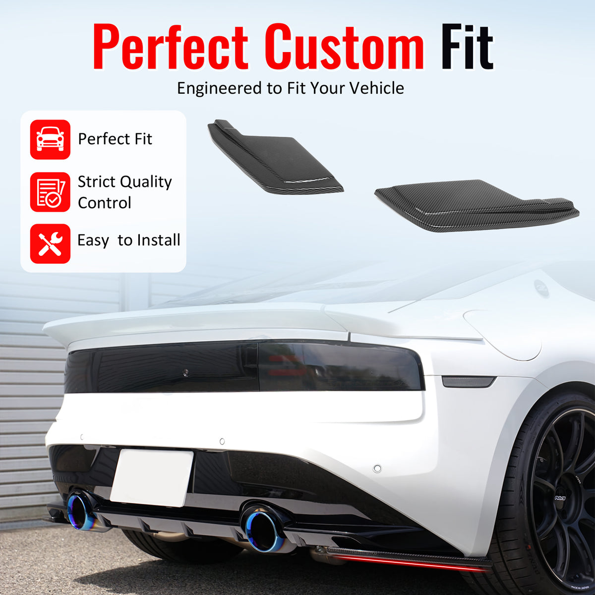 IKON MOTORSPORTS Rear Aprons, Compatible with 2023-2026 Nissan Z (400Z), V Style Carbon Fiber Print ABS Rear Bumper Lip Lower Side Spat Valance Winglet Canard Protector Pair