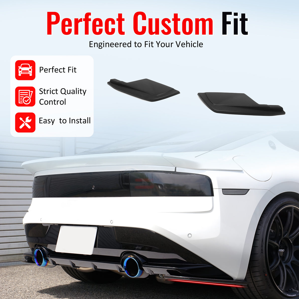 IKON MOTORSPORTS Rear Aprons, Compatible with 2023-2026 Nissan Z (400Z), V Style Matte Black ABS Rear Bumper Lip Lower Side Spat Valance Winglet Canard Protector Pair