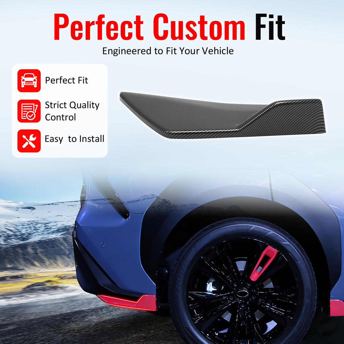 IKON MOTORSPORTS Rear Aprons, Compatible with 2023-2026 Subaru Solterra, ST Style Carbon Fiber Print ABS Rear Bumper Lip Lower Side Spat Valance Winglet Canard Protector Pair