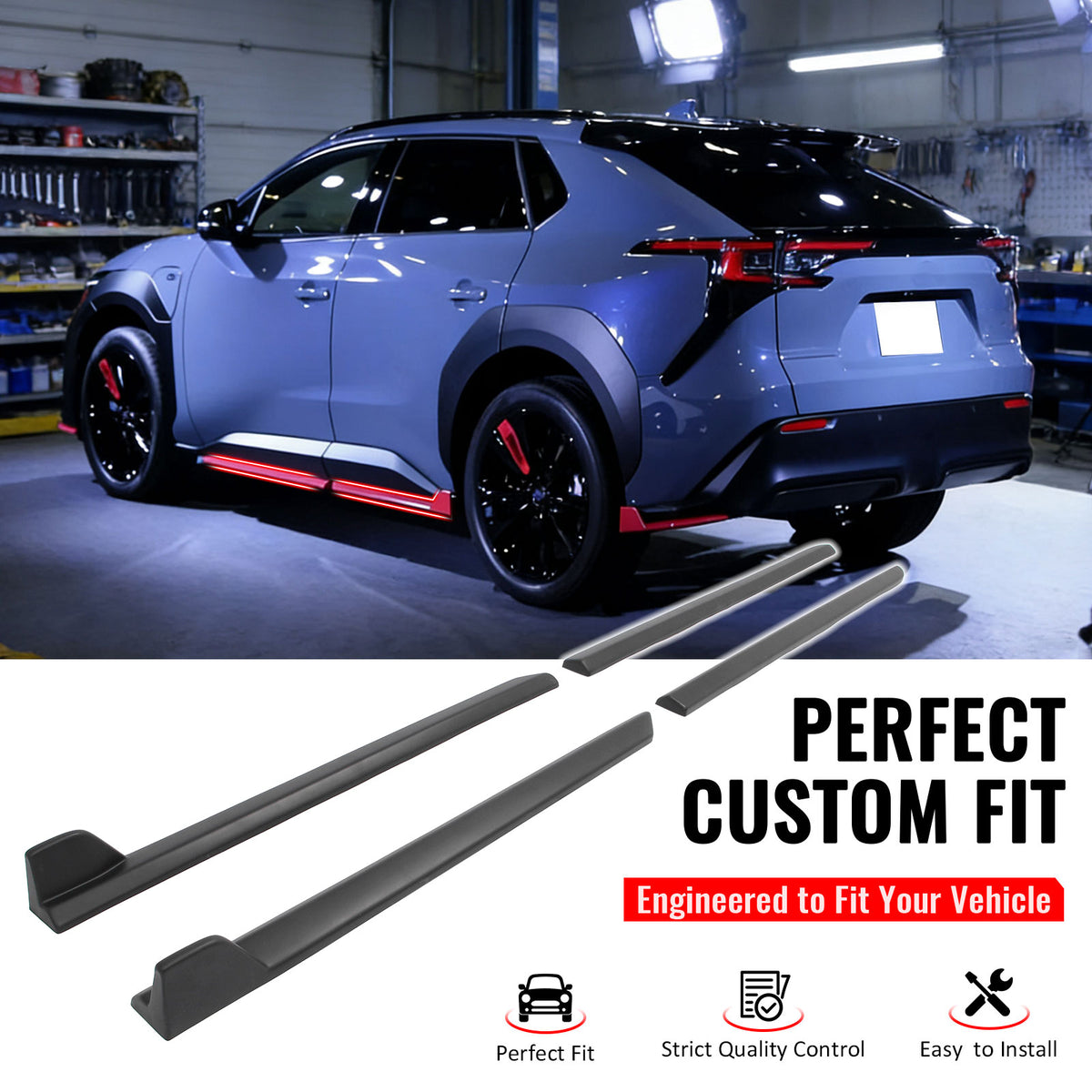 IKON MOTORSPORTS, Side Skirts Extension Compatible with Fits 2023-2026 Subaru Solterra Toyota bZ4X, ST Style ABS Plastic Matte Black Rocker Panel Splitter Side Underbody Spoiler 4PCS