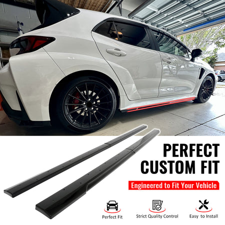 IKON MOTORSPORTS, Side Skirts Extension Compatible with 2023-2026 Toyota GR Corolla, AS Style Gloss Black PP Injection Add On Rocker Panel Splitter Side Underbody Spoiler 2PCS
