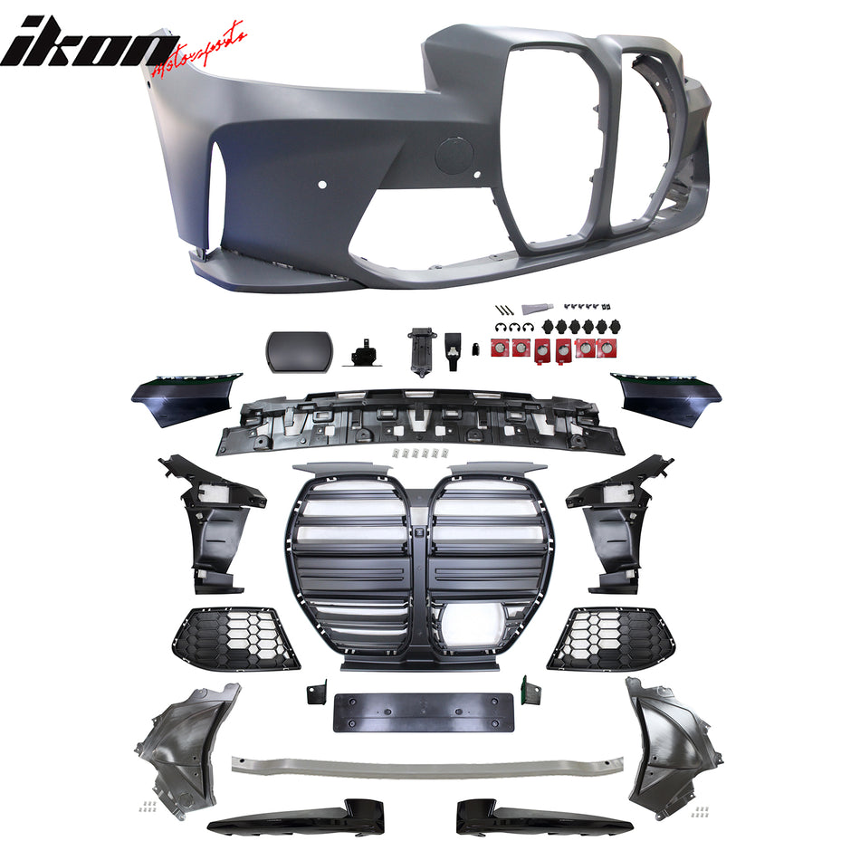 IKON MOTORSPORTS Front/Rear Bumper Cover + Side Skirts, Compatible with 2023-2026 BMW G20 3-Series LCI 330i/330e with Round Tip Outlet, Unpainted Black PP M3 Style Replacement Conversion Body Kit