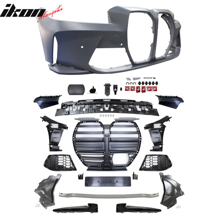 IKON MOTORSPORTS Front/Rear Bumper Cover + Side Skirts with Ambient Light, Compatible with 2023-2026 BMW G20 3-Series LCI 330i/330e with Round Tip Outlet, Unpainted Black PP M3 Style Conversion Kit
