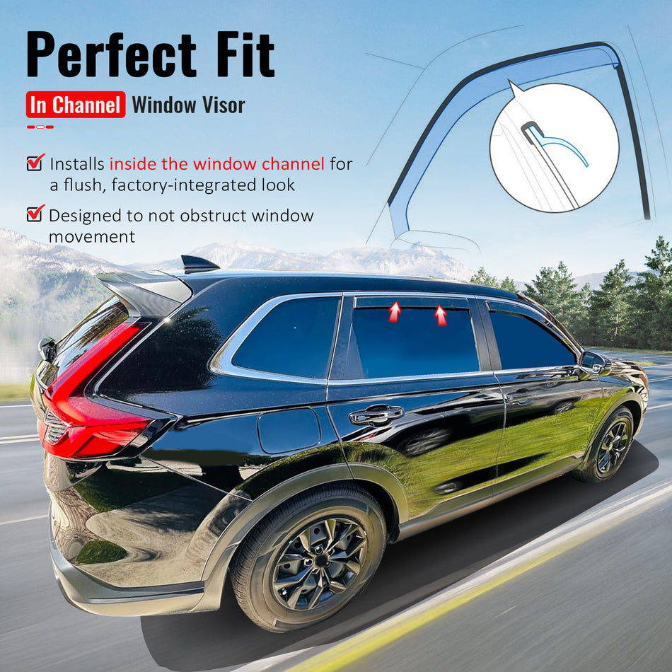 IKON MOTORSPORTS In Channel Window Visors Compatible with 2023-2026 Honda CR-V All Models, In Channel Style Injection PC Black Rain Guards, Side Window Wind Deflectors 4PCS