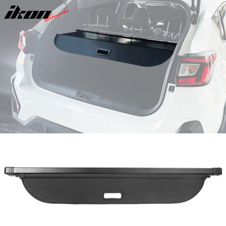 IKON MOTORSPORTS, Cargo Cover Compatible With 2024-2026 Subaru Crosstrek & Impreza All Models, OEM Style PVC & Aluminum Rod Black Security Rear Trunk Cover Security Retractable Shield