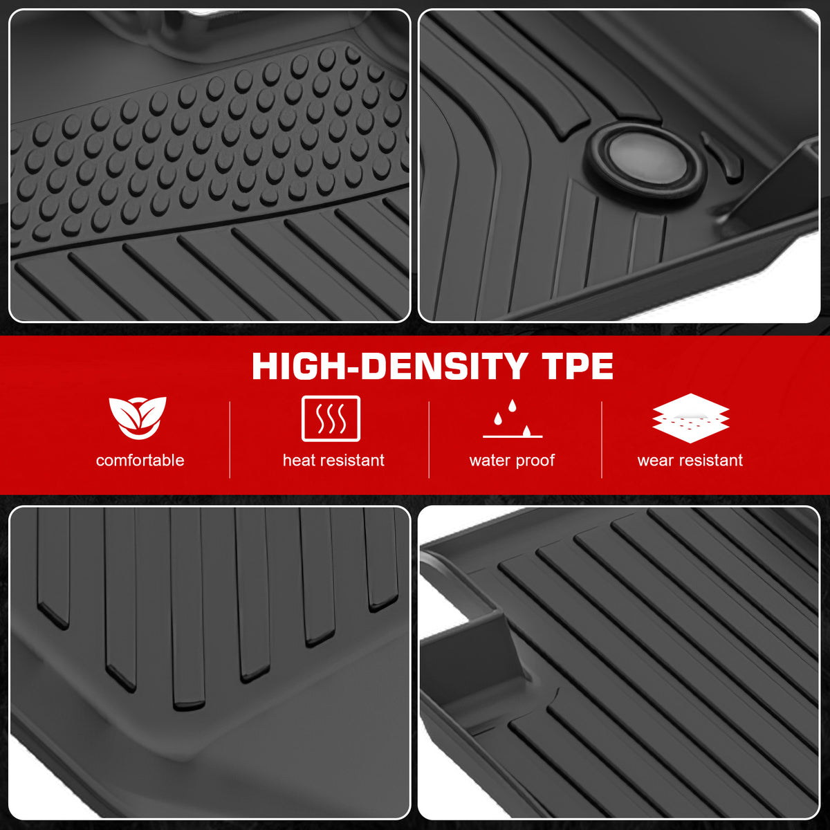 IKON MOTORSPORTS 3D TPE Floor Mats, Compatible with 2024-2025 Tesla Cybertruck, All Weather Waterproof Non-Slip Floor Liners, Front & 2nd Row Full Set Interior Accessories, Black