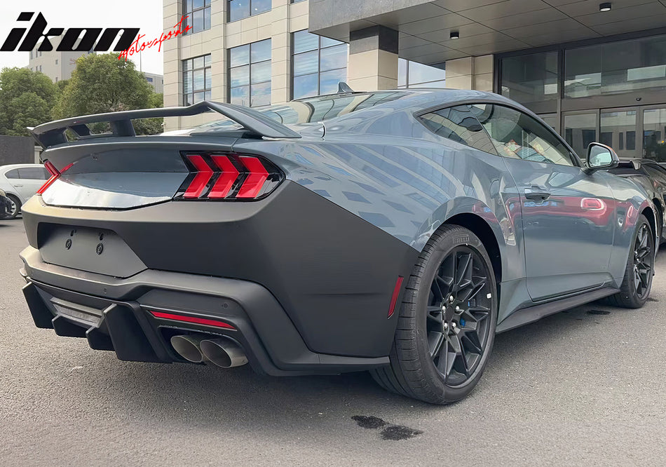 IKON MOTORSPORTS Rear Diffuser, Compatible with 2024-2026 Ford Mustang All Models Except GTD, Rock Style Matte Black PP Rear Bumper Valance Spoiler Air Dam Chin Splitter Molding 4PCS