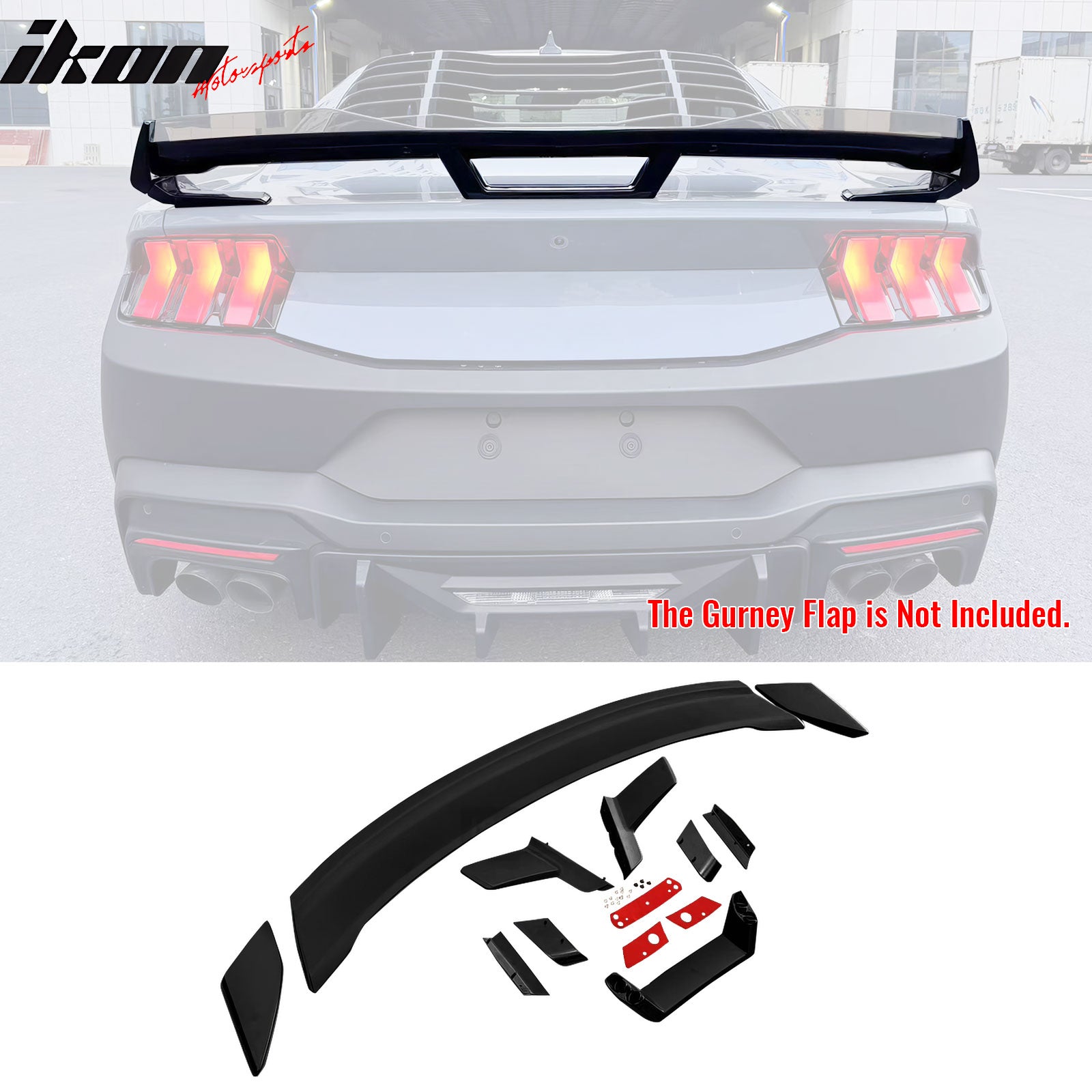 Fits 24-26 Ford Mustang Dark Horse Matte Black Trunk Spoiler W/ Gurney Glap ABS