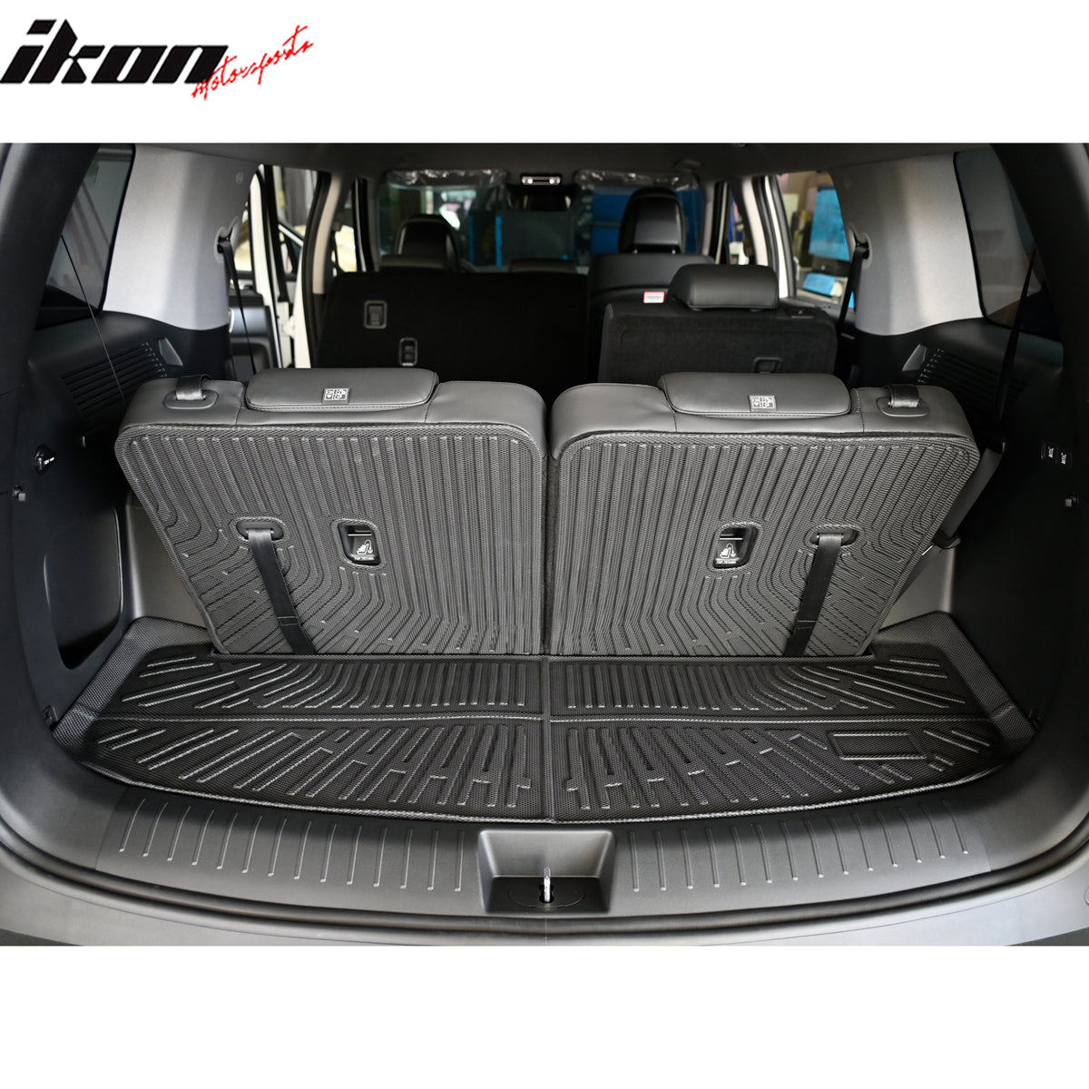 IKON MOTORSPORTS, Rear Cargo Trunk Liner W/ Seat Protector Backrest Cover Compatible with 2024-2026 Hyundai Santa Fe 6/7 Seats, Black TPE Waterproof Seat Back Liners Mat Pad Interior Accessories 1PC