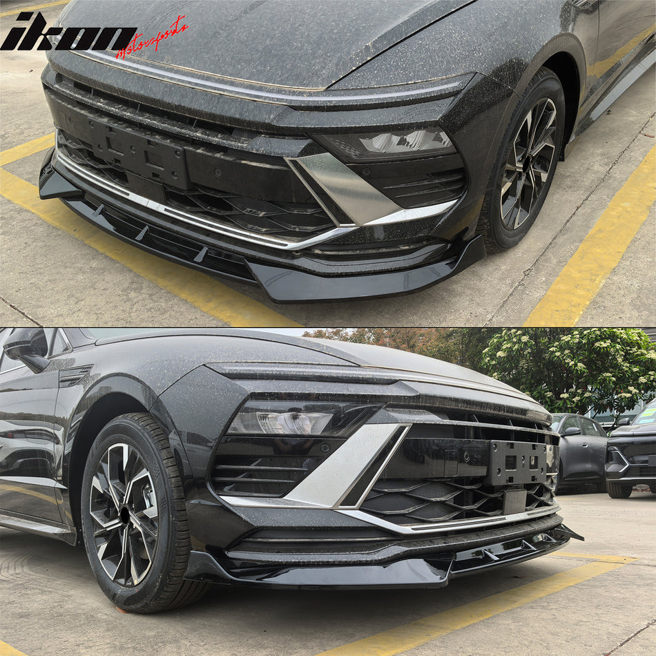 IKON MOTORSPORTS Front Bumper Lip, Compatible with 2024-2025 Hyundai Sonata (Not Fit N-Line), IKON V1 Style Gloss Black PP Polypropylene Air Dam Chin Spoiler Protector Splitter 3PCS