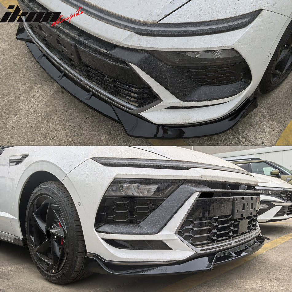 IKON MOTORSPORTS Front Bumper Lip, Compatible with 2024-2025 Hyundai Sonata N Line, IKON V1 Style Gloss Black PP Polypropylene Air Dam Chin Spoiler Protector Splitter 3PCS