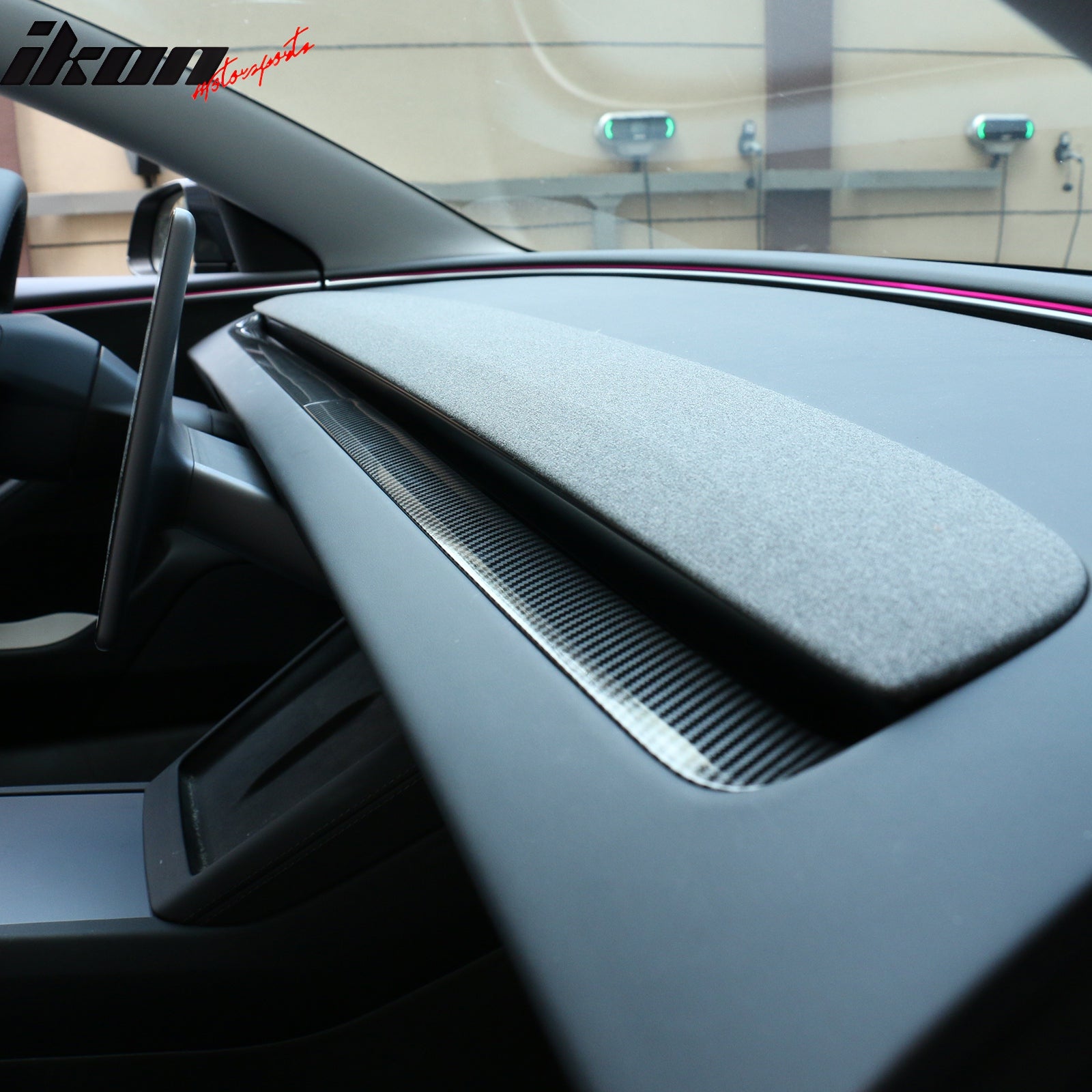 IKON MOTORSPORTS Dashboard Wrap Cover Compatible With 2024-2025 Tesla Model 3 Highland & 2025 Model Y, Carbon Fiber Print ABS Plastic Dashboard Dash Wrap Cover Cap Trim Interior Decoration 2PCS