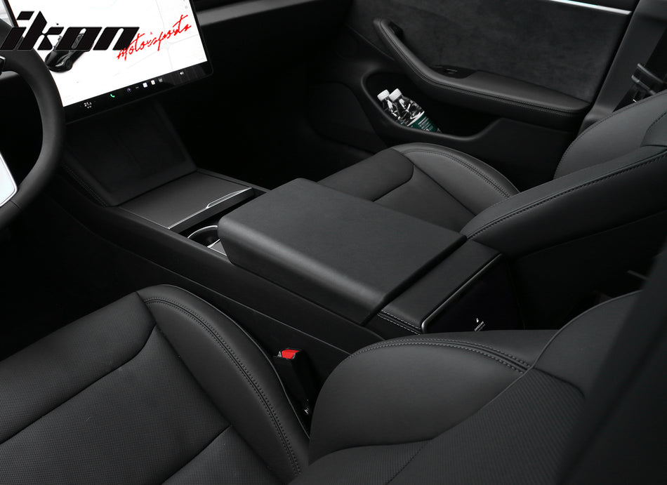 IKON MOTORSPORTS Center Console Armrest Cover Compatible With 2024-2025 Tesla Model 3 Highland & 2025 Model Y, TPE Black Non-Slip Auto Replacement Center Console Pad Car Armrest Lid Cover Protector