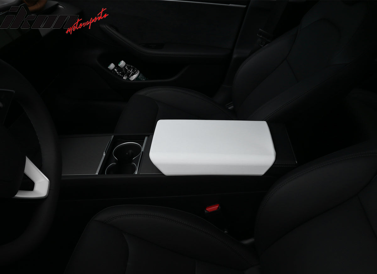 IKON MOTORSPORTS Center Console Armrest Cover Compatible With 2024-2025 Tesla Model 3 Highland & 2025 Model Y, TPE White Non-Slip Auto Replacement Center Console Pad Car Armrest Lid Cover Protector
