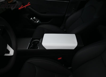 IKON MOTORSPORTS Center Console Armrest Cover Compatible With 2024-2025 Tesla Model 3 Highland & 2025 Model Y, TPE White Non-Slip Auto Replacement Center Console Pad Car Armrest Lid Cover Protector