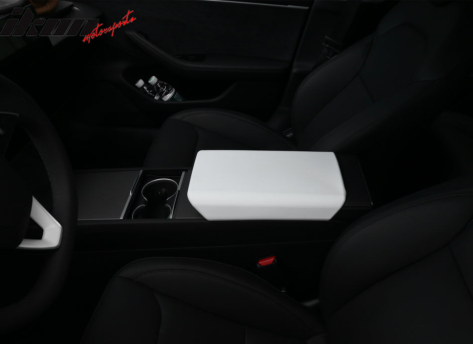 IKON MOTORSPORTS Center Console Armrest Cover Compatible With 2024-2025 Tesla Model 3 Highland & 2025 Model Y, TPE White Non-Slip Auto Replacement Center Console Pad Car Armrest Lid Cover Protector