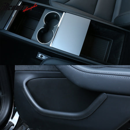 IKON MOTORSPORTS 12PCS TPE Door Side + Upper + Lower Center Armrest + Console Storage Box + Dashboard Hidden Tray + Cup Holder Insert, Compatible with 2024-2025 Tesla Model 3 Highland, Black