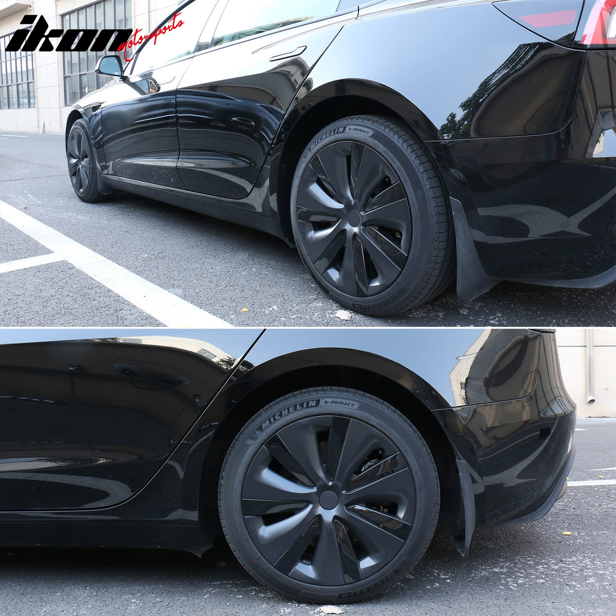 IKON MOTORSPORTS, 18 Inch Wheel Cover Hubcap Compatible With 2024-2025 Tesla Model 3, Gunmetal & Gloss Black S Style ABS Whirlwind Shaped Cyclone Hub Caps Wheel Skin Rim Cover, 4 Pack