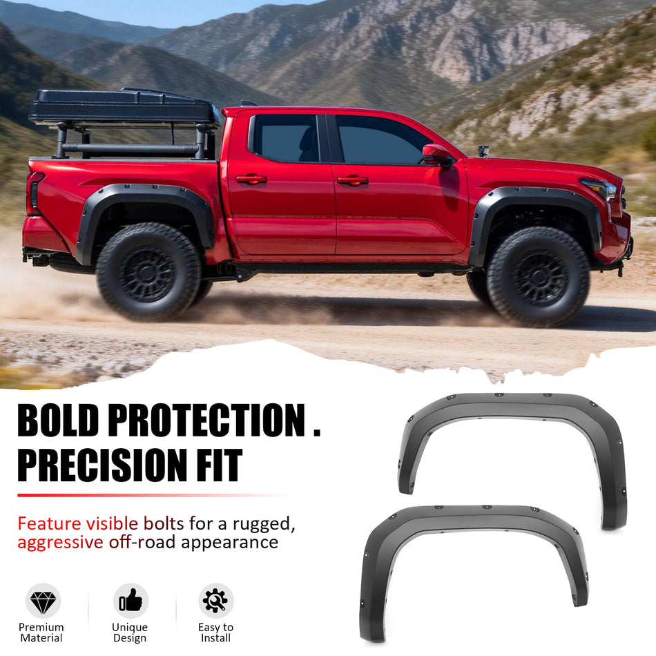 IKON MOTORSPORTS Fender Flares Compatible with 2024-2026 Toyota Tacoma, Pocket Style PP Black Wheel Flare Cover Protector Set, 4 Pcs, Front & Rear