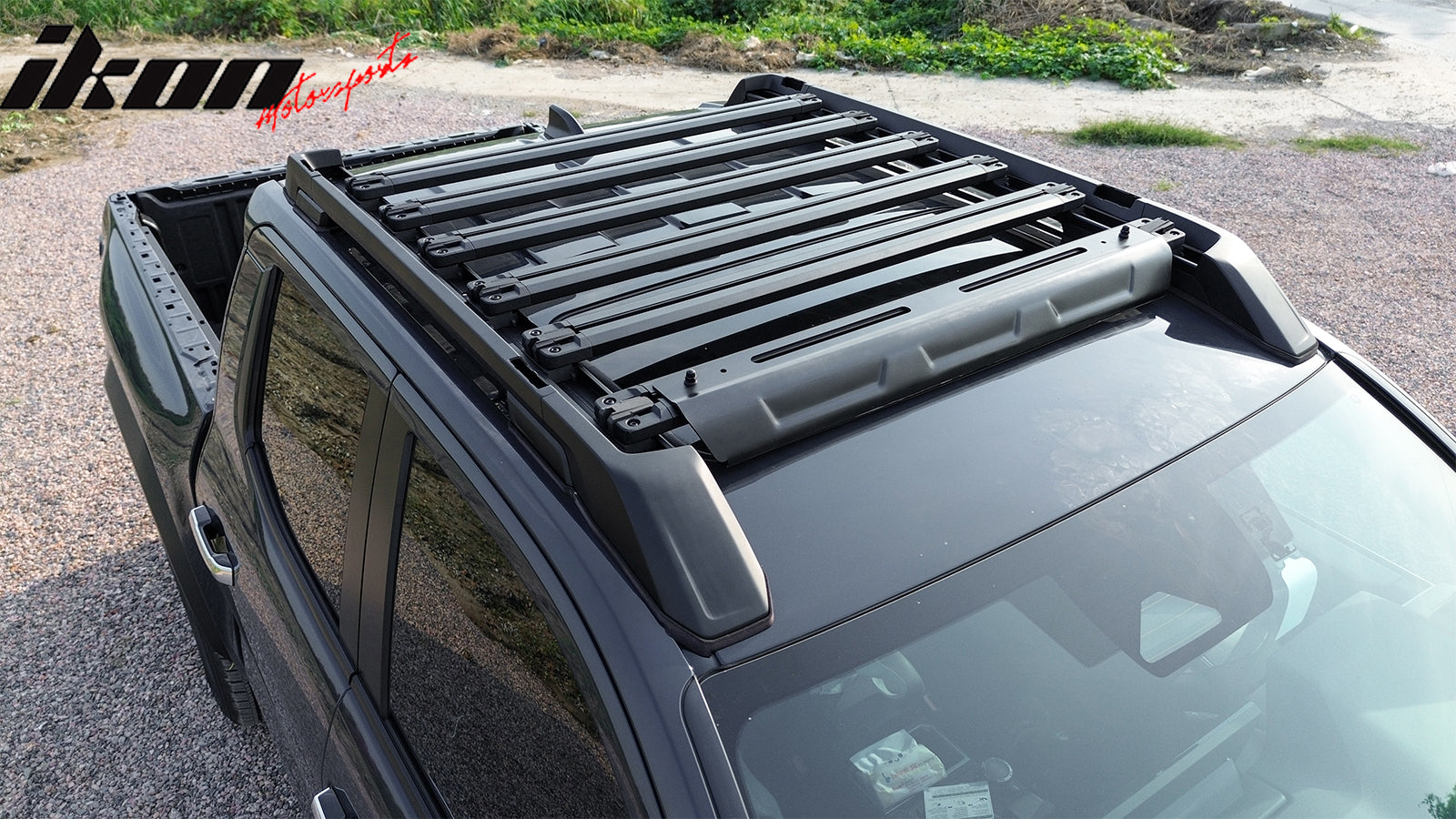 IKON MOTORSPORTS Roof Rack Cross Bars with Slide Rail, Compatible with 2024-2026 Toyota Tacoma Double Cab, Aluminium & ABS Black Cargo Rooftop Luggage Crossbars Carrier, 8PCS