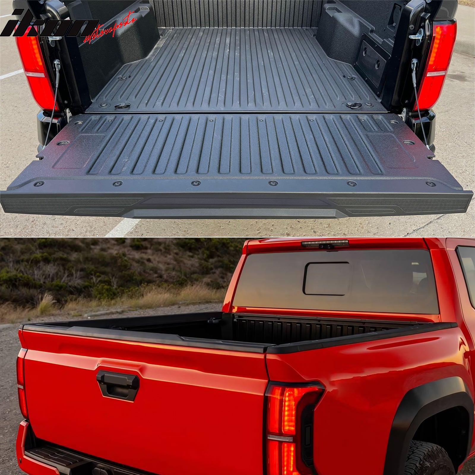 IKON MOTORSPORTS Tailgate Molding Cap Protector, Compatible with 2024-2025 Toyota Tacoma, Black Tail Gate Cover Top Spoiler Lip Trim